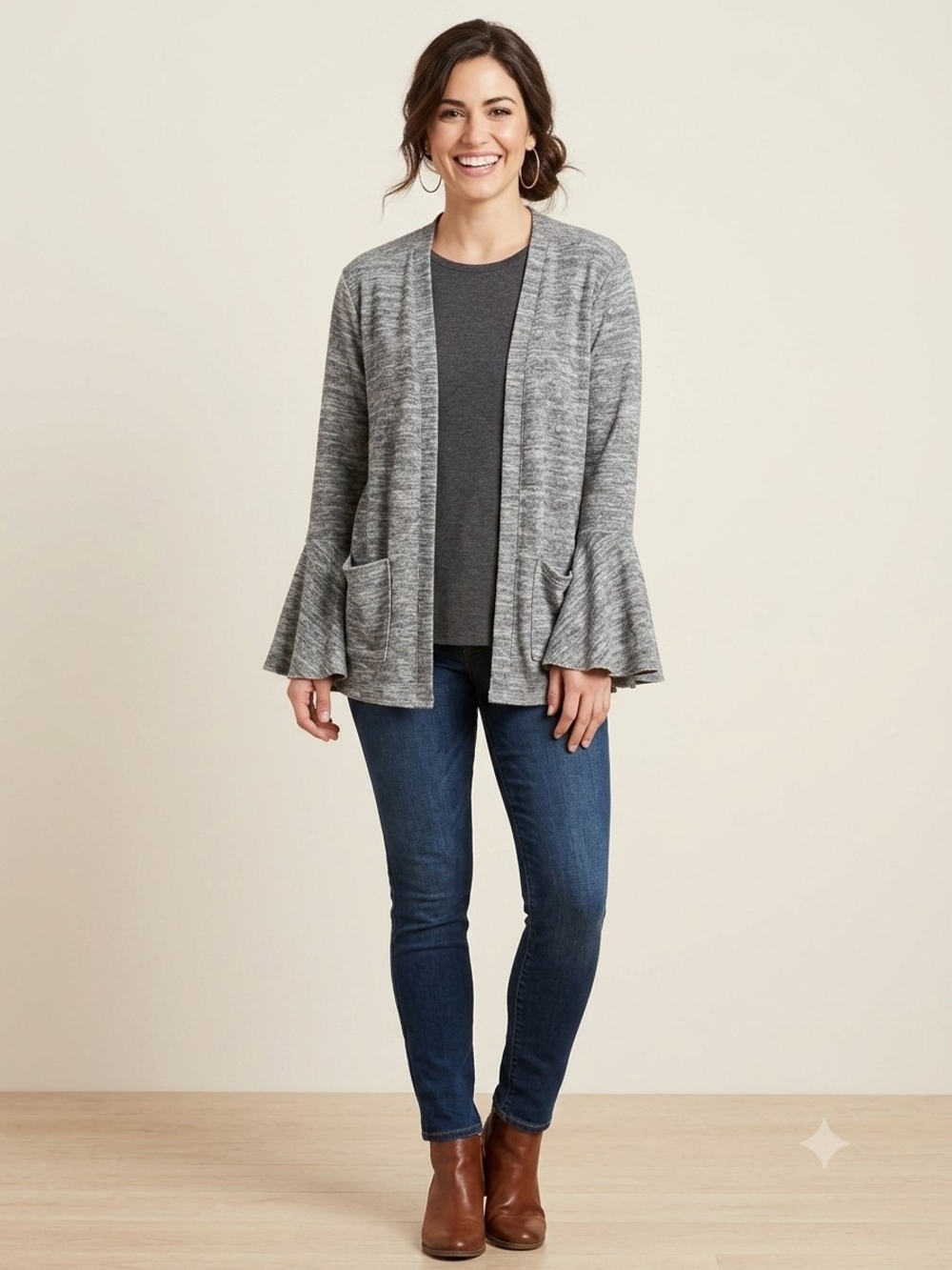 Cotton Emporium Heather Gray Open-Front Bell-Sleeve Cardigan